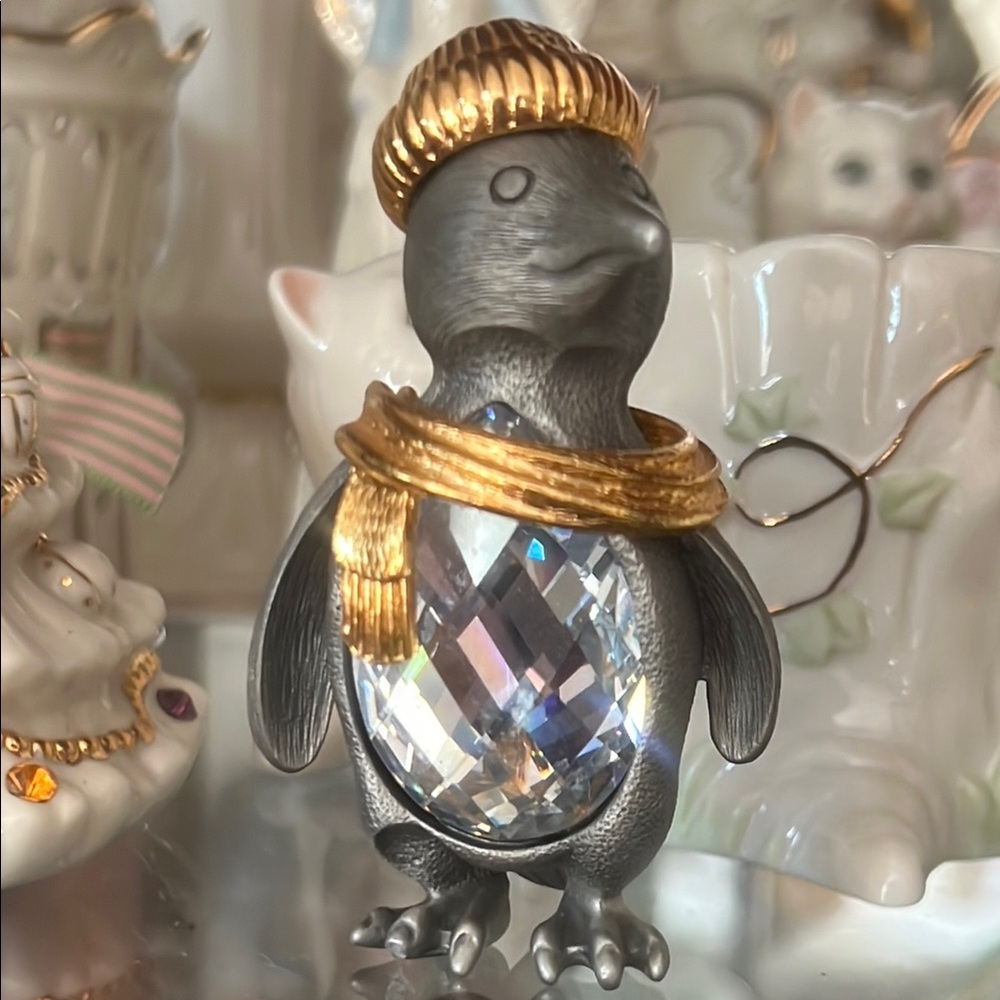 Swarovski Crystal Gold Trimlite Strass Suite Medium 3“ Pewter Penguin Figurine - Picture 9 of 9